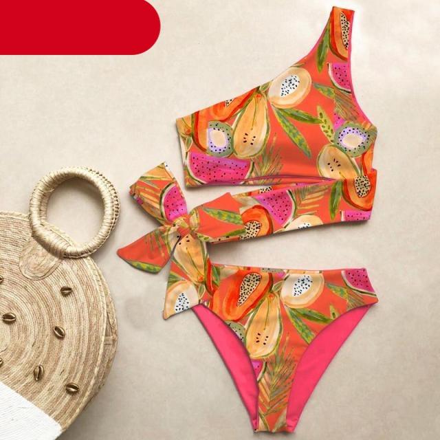 Bikini Women Swimwear Push Up Swimsuit One Shoulder Print Lightweight Bikini Set Bathing Suit Beach Swimming Suit High Waist Comfy One Shoulder Bikini Set Bathing Suit For Women