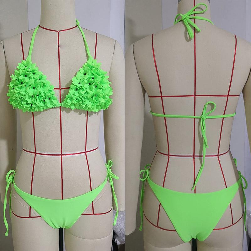 Bikinis  New 3D Flower Swimwear Solid Bikini Bandage Swimsuit Women's Solid Halter Padded Push Up Bikini Set Two Pieces Swimsuit Swimwear Bathing Suit Bikini Set Female Cute Ladies Beachwear Push Up Bikini