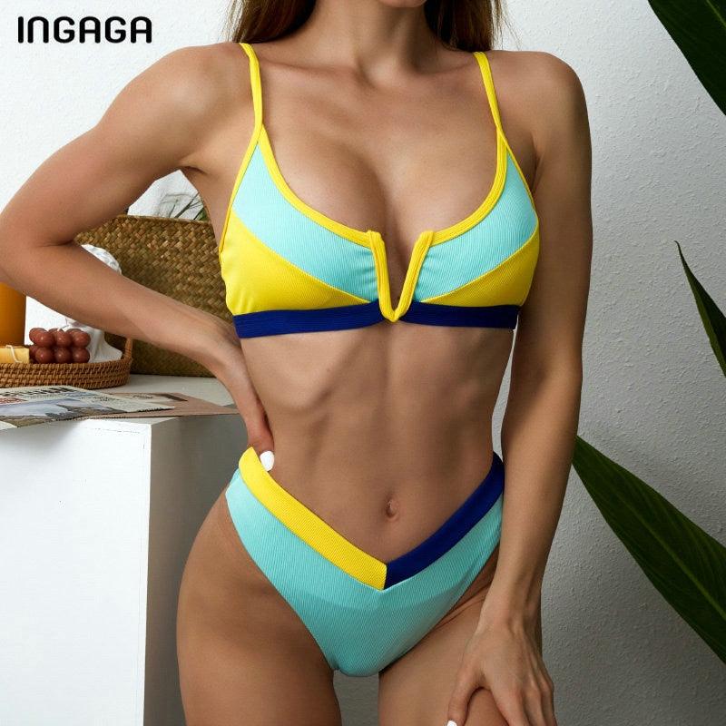 Bikinis Ribbed Swimwear Women's Swimsuit Push Up Bathing Suit Solid Patchwork High Cut Bikini Set Women Padded Push up Bikini Set Halter Two Piece Cross Top Swimsuit Patchwork Bathing Suit