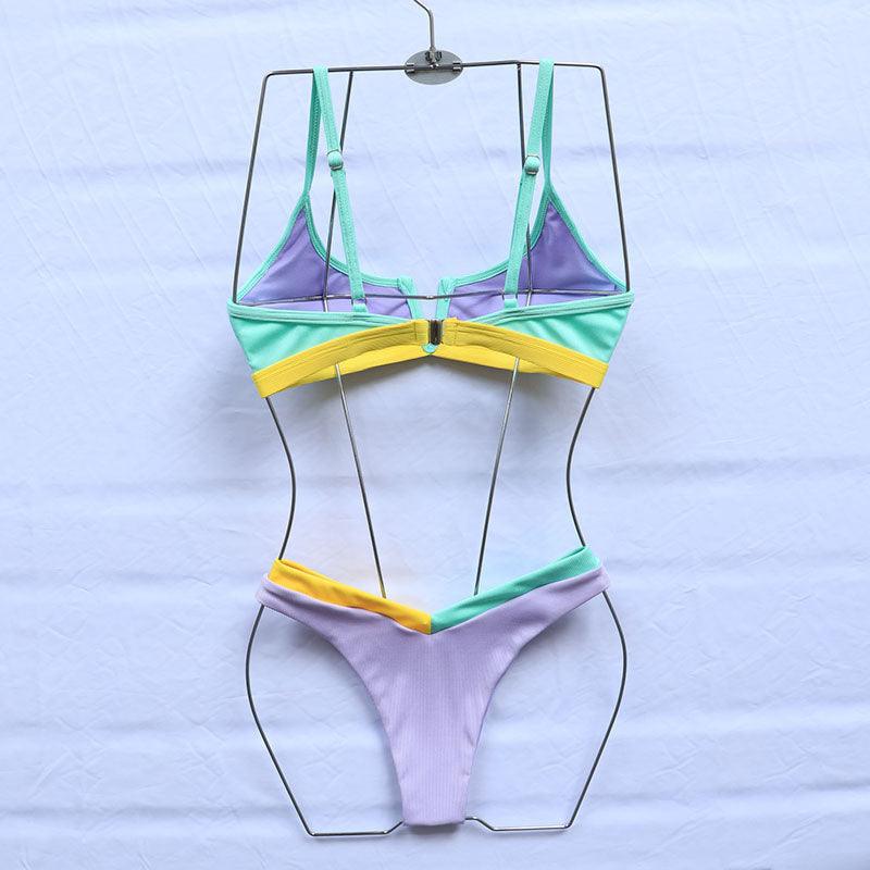 Bikinis Ribbed Swimwear Women's Swimsuit Push Up Bathing Suit Solid Patchwork High Cut Bikini Set Women Padded Push up Bikini Set Halter Two Piece Cross Top Swimsuit Patchwork Bathing Suit