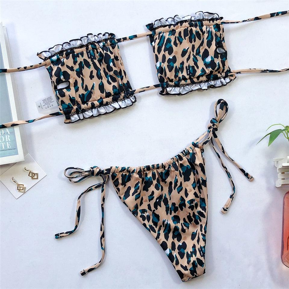 Bikinis Set For Women Swimsuit Summer Beach Wear Bathing Suits Women Bikini Swimwear Women's Ruffle Tie Side Bikini Set High Cut Strapless Padded Solid Bathing Suit