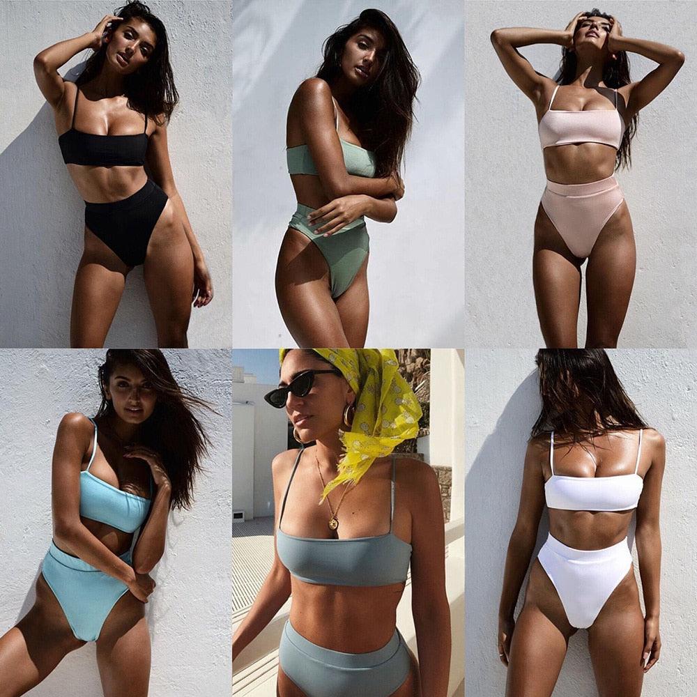 Bikinis Solid Push Up Bikini Padded Bra Straps High Waist Swimsuit Female Swimwear Women's Bathing Suit Lace up Bikini Ribbed Two Piece Swimsuit