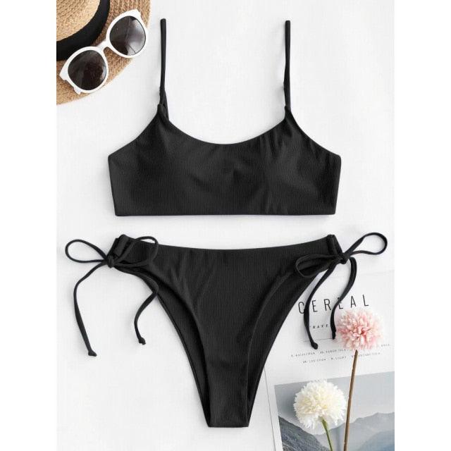 Bikinis Solid Push Up Padded Bikini Set Women Tie Side Bottom Padded Top Triangle Bikini String Bathing Suit Two Piece Swimsuit New High Waist Side Tie Swimsuit Female Swimwear Women Bather