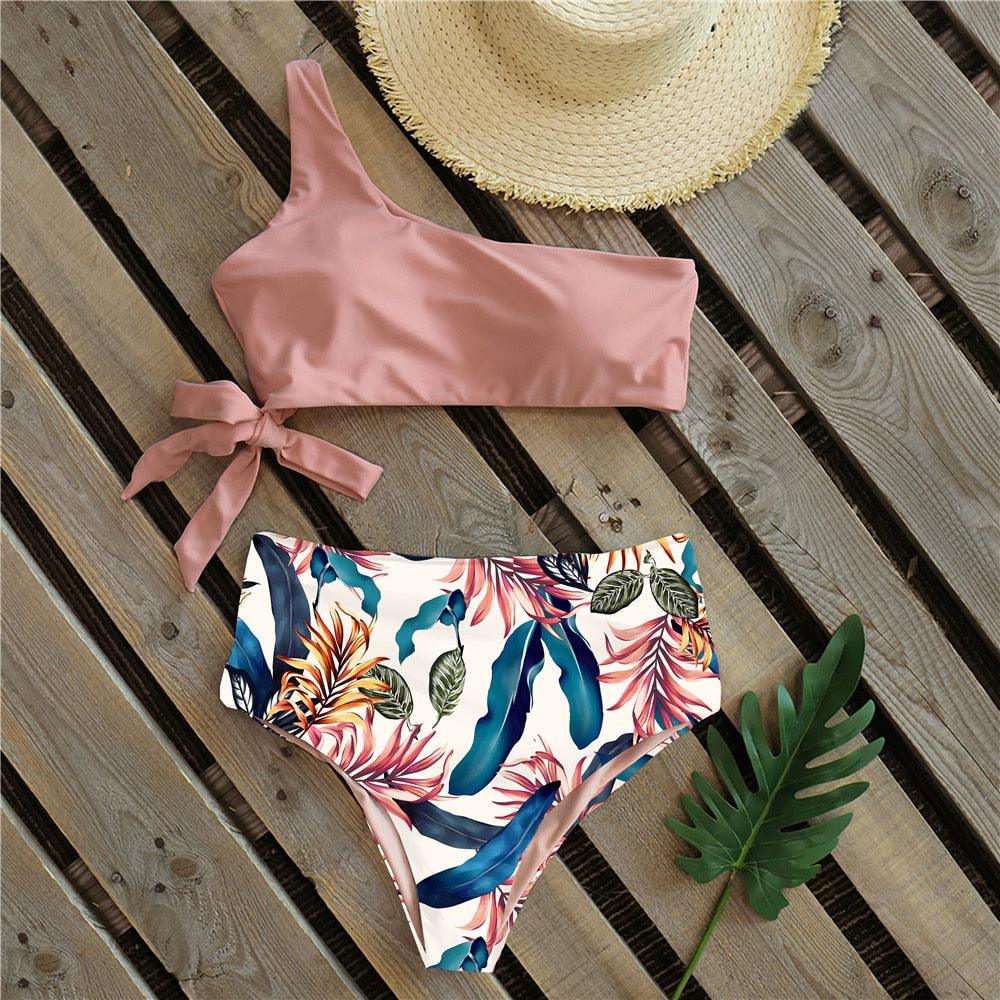 Bikinis Women New One Shoulder Swimwear High Waist Swimsuit Bandage Bathing Suits Beach Wear Female Lace Two Piece Swim Dress with Bikini Bottom Bathing Suits