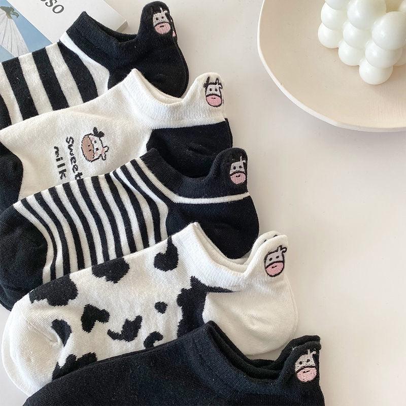 Black And White Embroidery Female Tide Socks Shallow Mouth Summer Cartoon Cow Cute Fashion Boat Socks Unisex Men And Women Cotton Ankle Socks