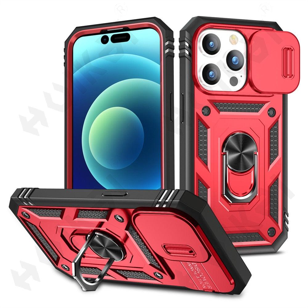 Black Durable Ring Kickstand Case  Design Case For iPhone 11 Pro XS Max 8 7 Plus 360 Full Body Protective Slide Camera Stand Protection Ring Cover Protective Case For iPhone