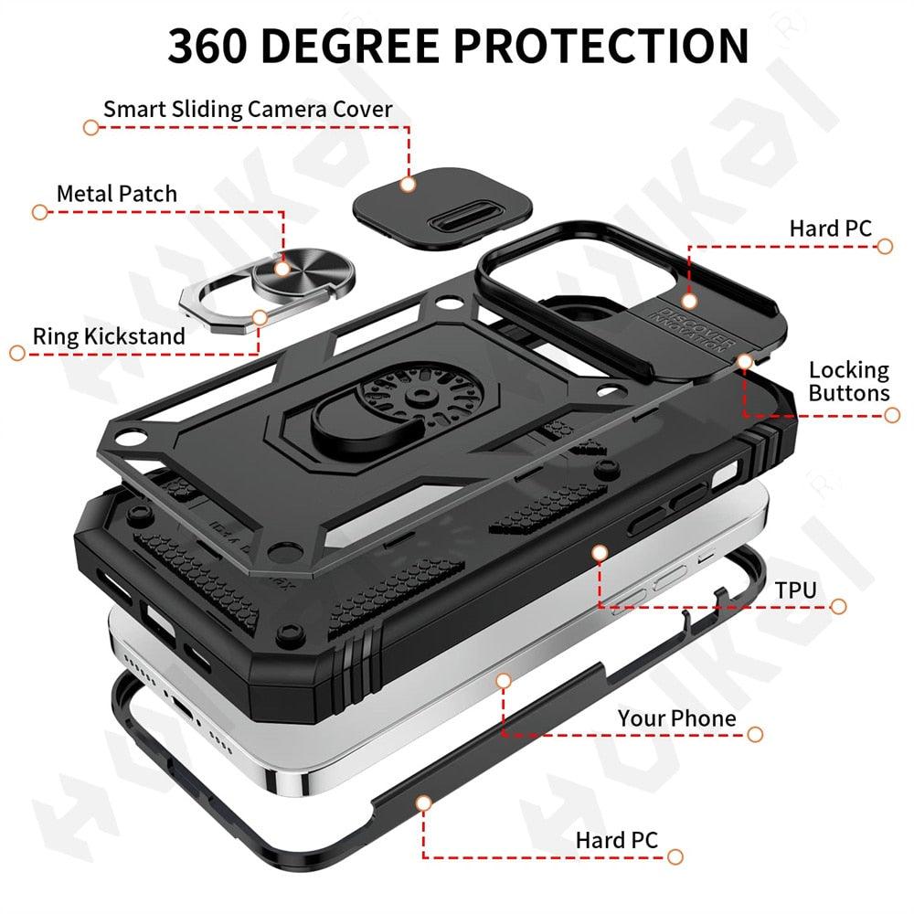 Black Durable Ring Kickstand Case  Design Case For iPhone 11 Pro XS Max 8 7 Plus 360 Full Body Protective Slide Camera Stand Protection Ring Cover Protective Case For iPhone