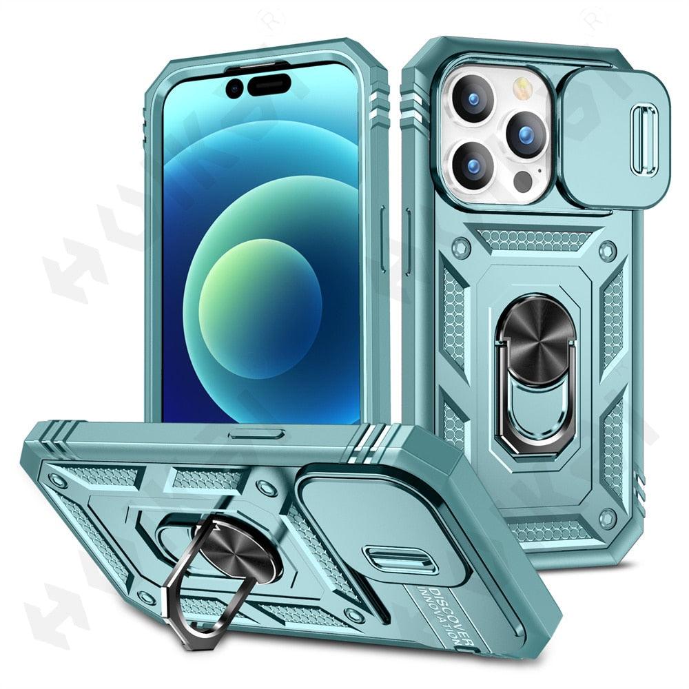 Black Durable Ring Kickstand Case  Design Case For iPhone 11 Pro XS Max 8 7 Plus 360 Full Body Protective Slide Camera Stand Protection Ring Cover Protective Case For iPhone