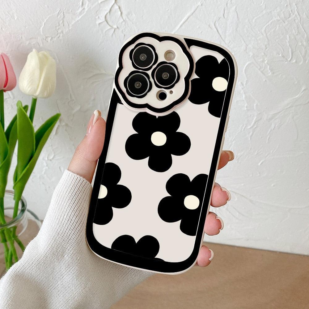 Black Flower Phone Case For iPhone Stylish Flowers Pattern Case iPhone 13 14 Pro Max Soft Back Cover Shockproof Protective Cute Pink Floral iPhone Case Designed for Men Girls