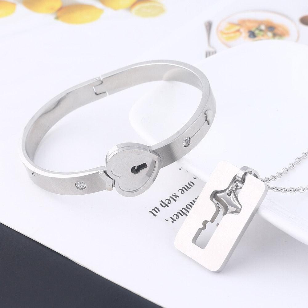 Black Heart Bracelet Choker Set Jewelry Stainless Steel Key Pendant Necklace Women Men Couples Valentines Plated Titanium Matching Puzzle Couple Heart Lock Bracelet And Key Pendant Necklace For Men And Women