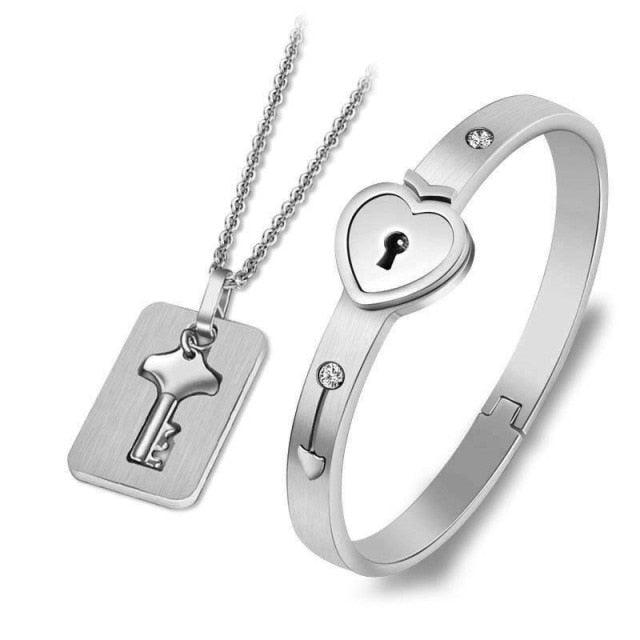 Black Heart Bracelet Choker Set Jewelry Stainless Steel Key Pendant Necklace Women Men Couples Valentines Plated Titanium Matching Puzzle Couple Heart Lock Bracelet And Key Pendant Necklace For Men And Women