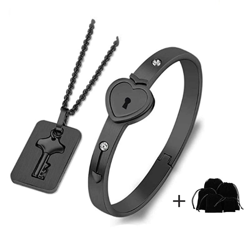 Black Heart Bracelet Choker Set Jewelry Stainless Steel Key Pendant Necklace Women Men Couples Valentines Plated Titanium Matching Puzzle Couple Heart Lock Bracelet And Key Pendant Necklace For Men And Women