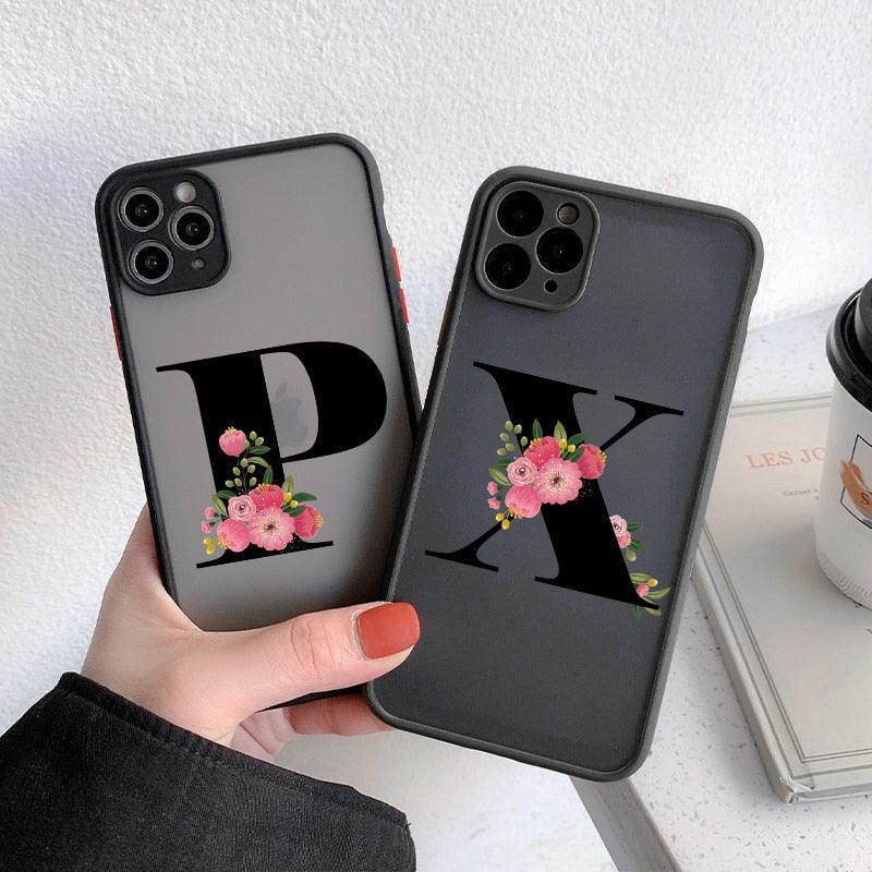 Black Initial Letter Phone Case for iPhone Camera Protect Transparent Art Letters Phone Case For iPhone 13 12 Soft Silicone Cover