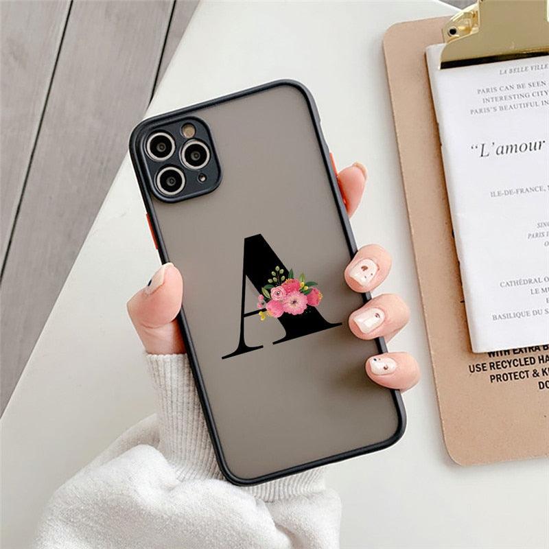 Black Initial Letter Phone Case for iPhone Camera Protect Transparent Art Letters Phone Case For iPhone 13 12 Soft Silicone Cover