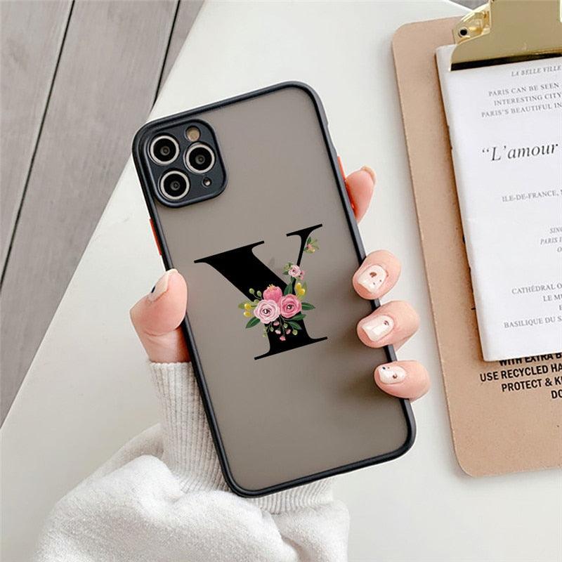 Black Initial Letter Phone Case for iPhone Camera Protect Transparent Art Letters Phone Case For iPhone 13 12 Soft Silicone Cover