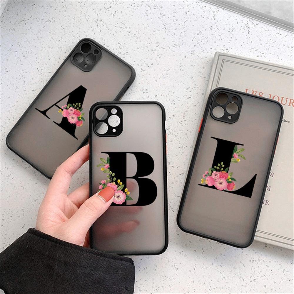 Black Initial Letter Phone Case for iPhone Camera Protect Transparent Art Letters Phone Case For iPhone 13 12 Soft Silicone Cover