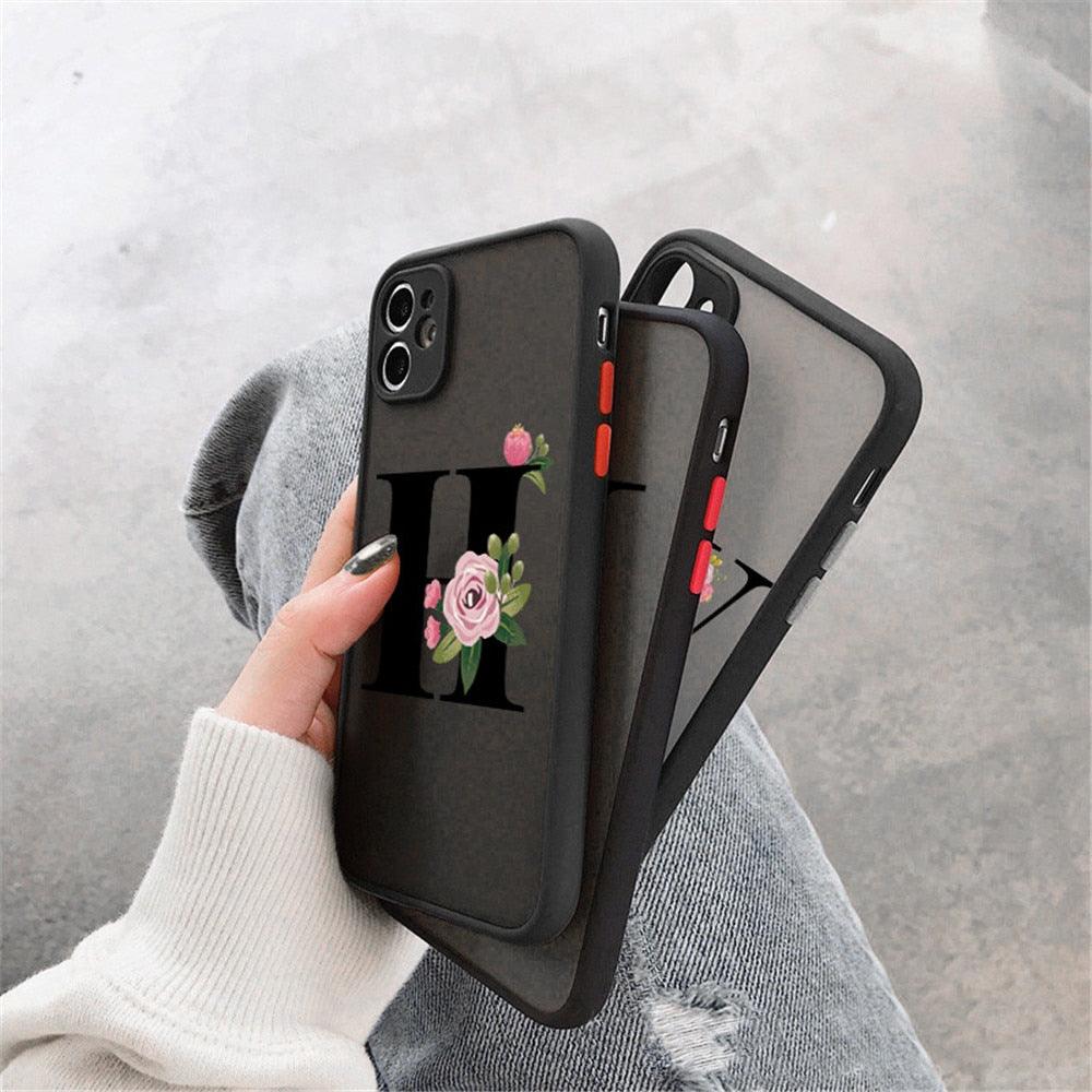 Black Initial Letter Phone Case for iPhone Camera Protect Transparent Art Letters Phone Case For iPhone 13 12 Soft Silicone Cover