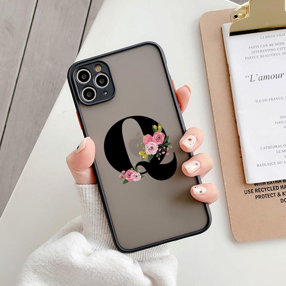 Black Initial Letter Phone Case for iPhone Camera Protect Transparent Art Letters Phone Case For iPhone 13 12 Soft Silicone Cover