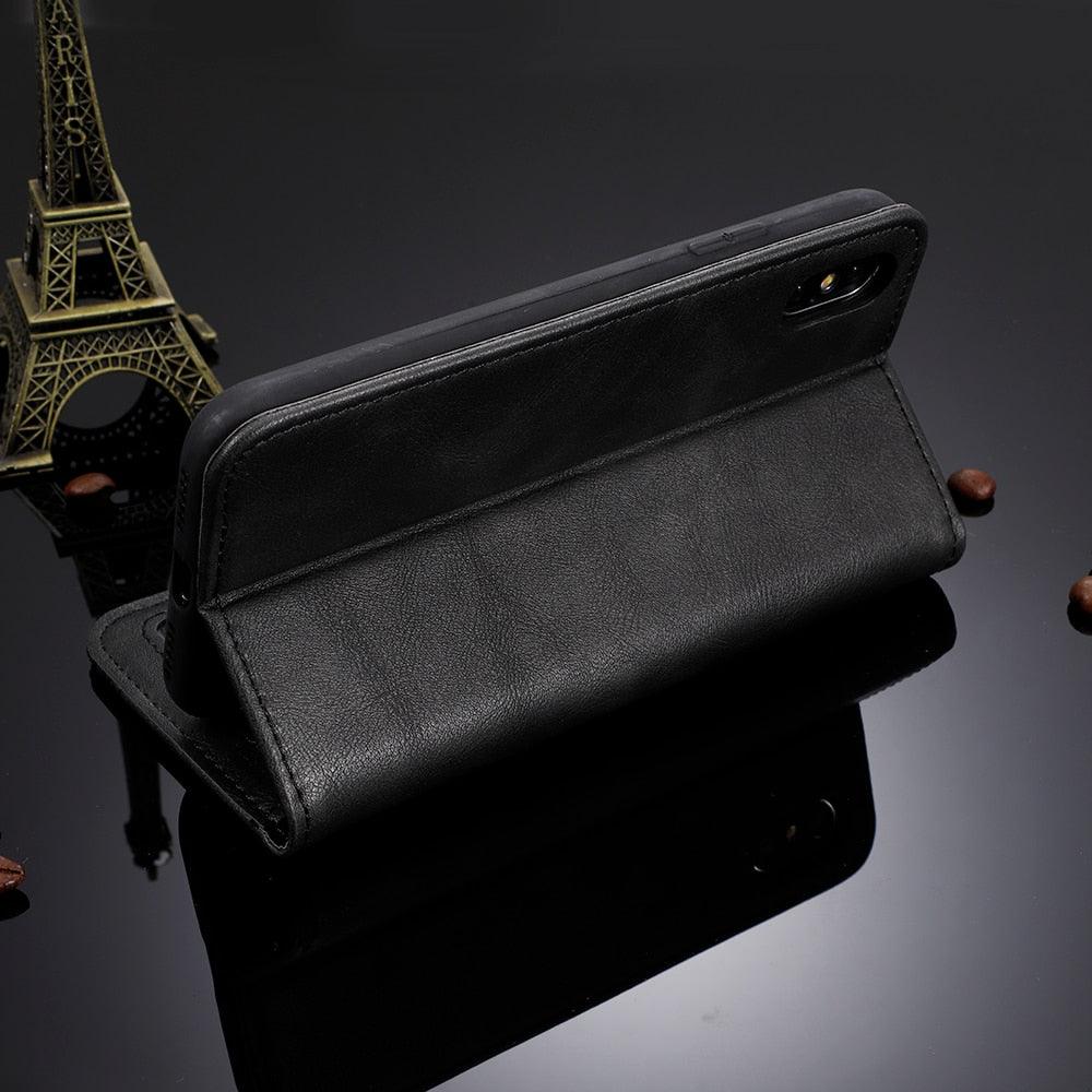 Black Leather Case for iPhone 11 12 13 14 Pro XS Max XR X 8 7 6S 6 Plus Magnet Flip Case Cover For iPhone Business Wallet Leather Case with Magnetic Flip Card Holder Kickstand Full Body Protective Anti-Drop Phone Case