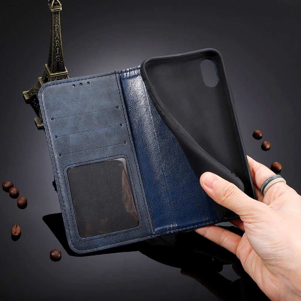 Black Leather Case for iPhone 11 12 13 14 Pro XS Max XR X 8 7 6S 6 Plus Magnet Flip Case Cover For iPhone Business Wallet Leather Case with Magnetic Flip Card Holder Kickstand Full Body Protective Anti-Drop Phone Case