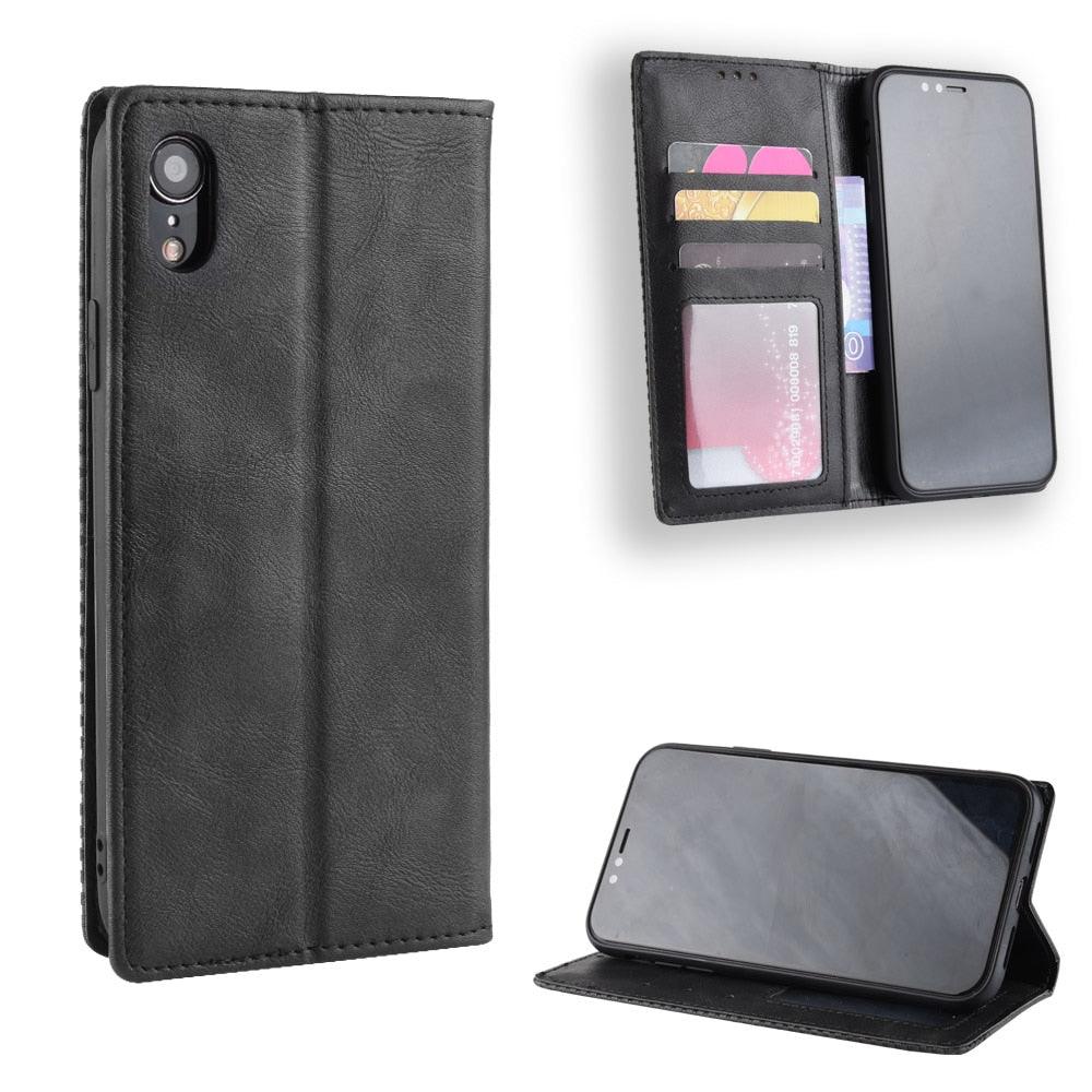 Black Leather Case for iPhone 11 12 13 14 Pro XS Max XR X 8 7 6S 6 Plus Magnet Flip Case Cover For iPhone Business Wallet Leather Case with Magnetic Flip Card Holder Kickstand Full Body Protective Anti-Drop Phone Case