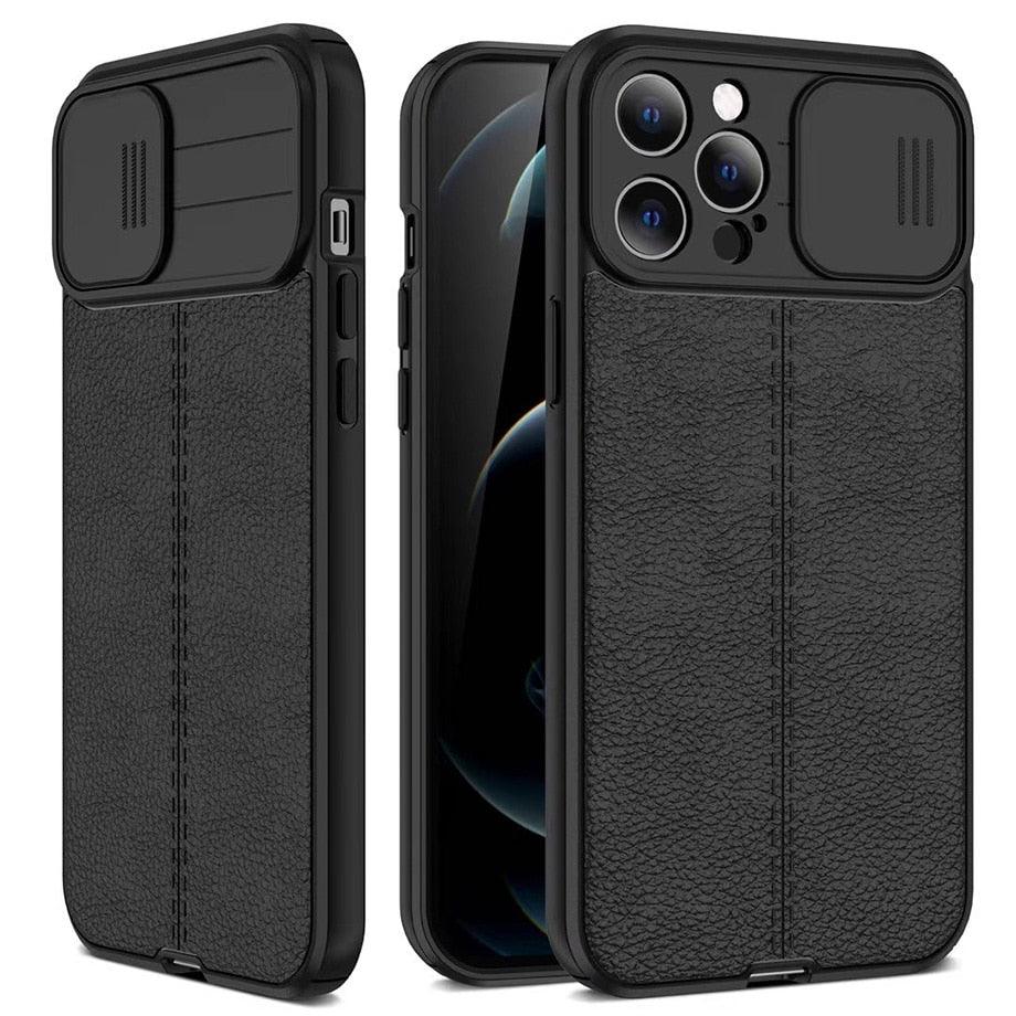 Black Leather Shockproof Phone Case on iPhone 13 11 12 14 Pro Max XR XS Max 14 Plus Camera Lens Protection Soft Back Cover Silky-Soft Touch Full-Body Protective Case Shockproof Cover