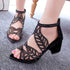 Black Luxury Style Women Summer Sandals Hollow Out Leather Rhinestones Thick Heel Zipper Sandals Beach Sandals Rhinestone Hollow Out Non Slip Breathable Casual Rhinestone Summer Fashion Comfy Sandals