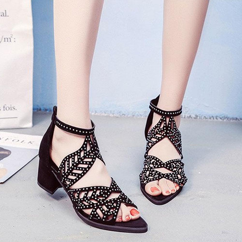 Black Luxury Style Women Summer Sandals Hollow Out Leather Rhinestones Thick Heel Zipper Sandals Beach Sandals Rhinestone Hollow Out Non Slip Breathable Casual Rhinestone Summer Fashion Comfy Sandals