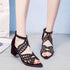 Black Luxury Style Women Summer Sandals Hollow Out Leather Rhinestones Thick Heel Zipper Sandals Beach Sandals Rhinestone Hollow Out Non Slip Breathable Casual Rhinestone Summer Fashion Comfy Sandals