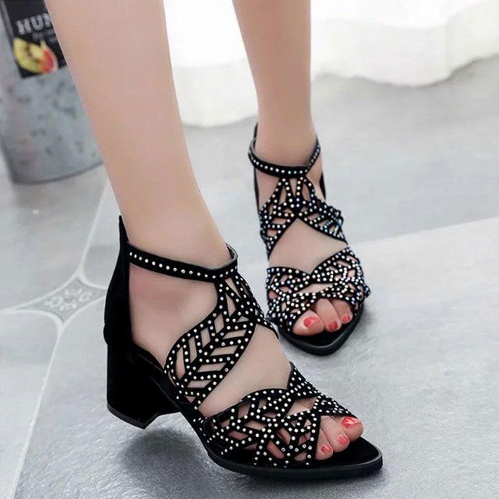 Black Luxury Style Women Summer Sandals Hollow Out Leather Rhinestones Thick Heel Zipper Sandals Beach Sandals Rhinestone Hollow Out Non Slip Breathable Casual Rhinestone Summer Fashion Comfy Sandals