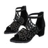 Black Luxury Style Women Summer Sandals Hollow Out Leather Rhinestones Thick Heel Zipper Sandals Beach Sandals Rhinestone Hollow Out Non Slip Breathable Casual Rhinestone Summer Fashion Comfy Sandals