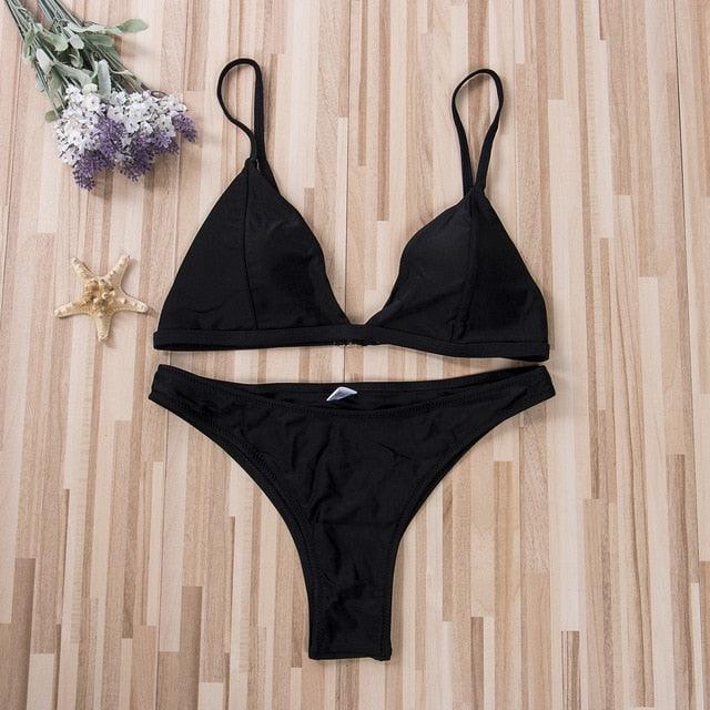 Black Micro Bikini Set Women 2 Pieces Swimsuit Swimwear Push Up Padded Bra Thongs Bathing Suit Beachwear Women's Tie Side Bottom Padded Top Triangle Bikini Bathing Suit