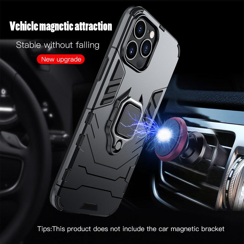 Black Simple Shockproof Armor Case for iPhone 13 Pro Max 12 Mini Ring Stand Back Cover for iPhone 11 Pro max XS XR 8 7 6 Plus SE Heavy Duty Protection Shockproof Kickstand Case Phone Cover