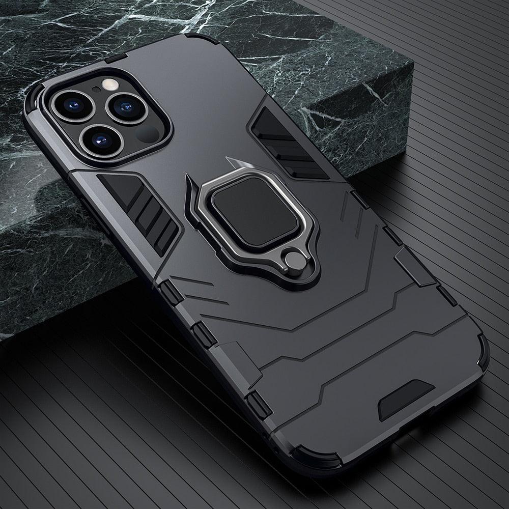 Black Simple Shockproof Armor Case for iPhone 13 Pro Max 12 Mini Ring Stand Back Cover for iPhone 11 Pro max XS XR 8 7 6 Plus SE Heavy Duty Protection Shockproof Kickstand Case Phone Cover