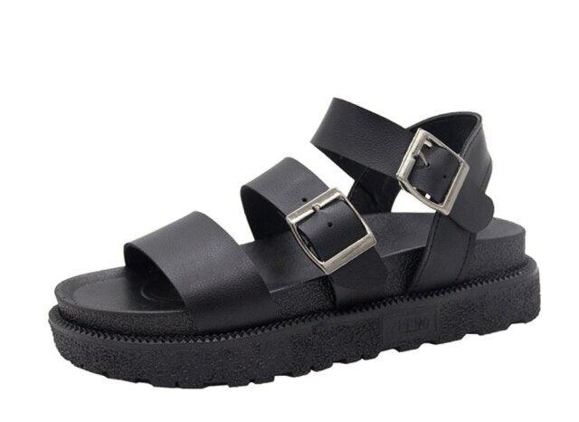 Black Summer Woman Flat Platform Sandals Women Soft Leather Casual Open Toe Women Shoes Slides Sandals Comfort Footbed Double Buckle Adjustable Slippers Summer Non Slip Flat Elegant Sandals