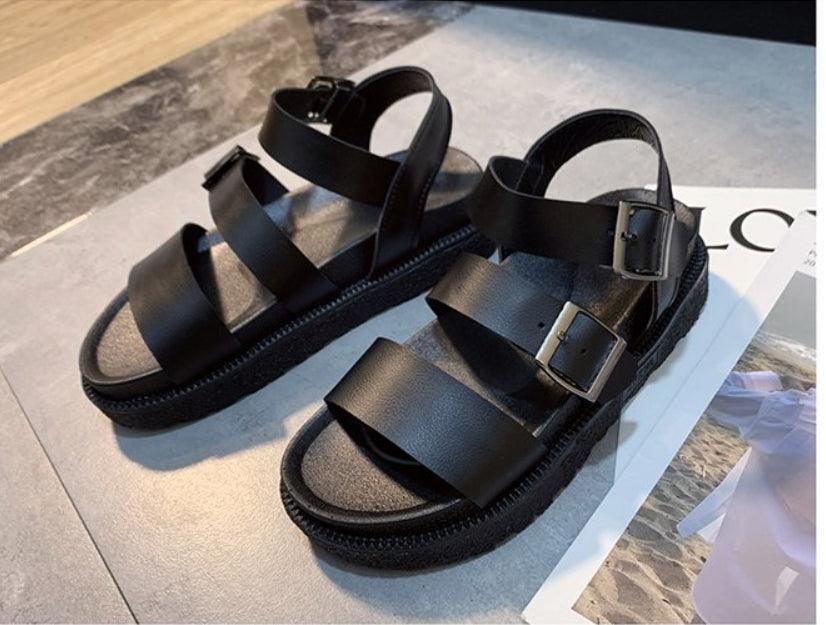 Black Summer Woman Flat Platform Sandals Women Soft Leather Casual Open Toe Women Shoes Slides Sandals Comfort Footbed Double Buckle Adjustable Slippers Summer Non Slip Flat Elegant Sandals