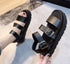 Black Summer Woman Flat Platform Sandals Women Soft Leather Casual Open Toe Women Shoes Slides Sandals Comfort Footbed Double Buckle Adjustable Slippers Summer Non Slip Flat Elegant Sandals