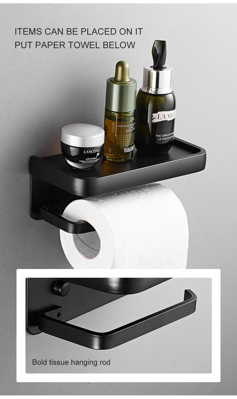 Black Toilet Paper Holder Multifunction Bathroom Storage Shelf Roll Paper Holder Toilet Paper Holder With Shelf Matte Black Toilet Paper Holder Toilet Paper Roll Holder Bathroom Adhesive Toilet Paper Holder