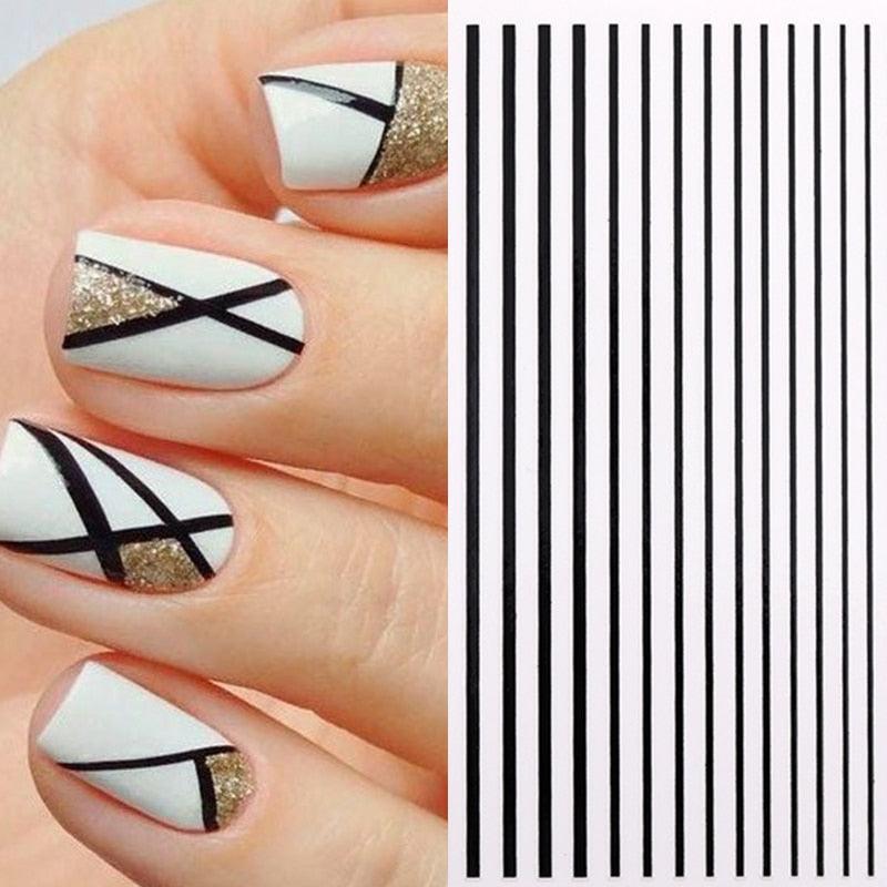 Black White 3D Nail Stickers Metal Gold Silver Geometric Tassel Strip Line Adhesive Transfer Decals Nail Art Design  Gold Silver Metal Nail Sticker  Metallic Curve Strip Line Nail Decal Self-Adhesive 3D Wave Design Nail Tips Decorations Manicure for Women