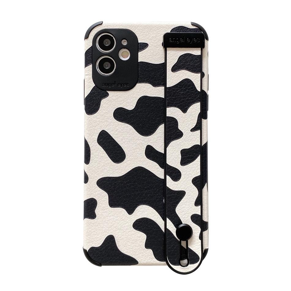 Black White Leopard Milk Pattern PU Leather Phone Case For iPhone 14 13 12 11 Pro XS MAX X XR 8 Plus Cover Hand Band Wrist Strap Women Leopard Pattern Clear Phone Case with Camera Protection Phone Protective Cover Modern Design Phone Cases