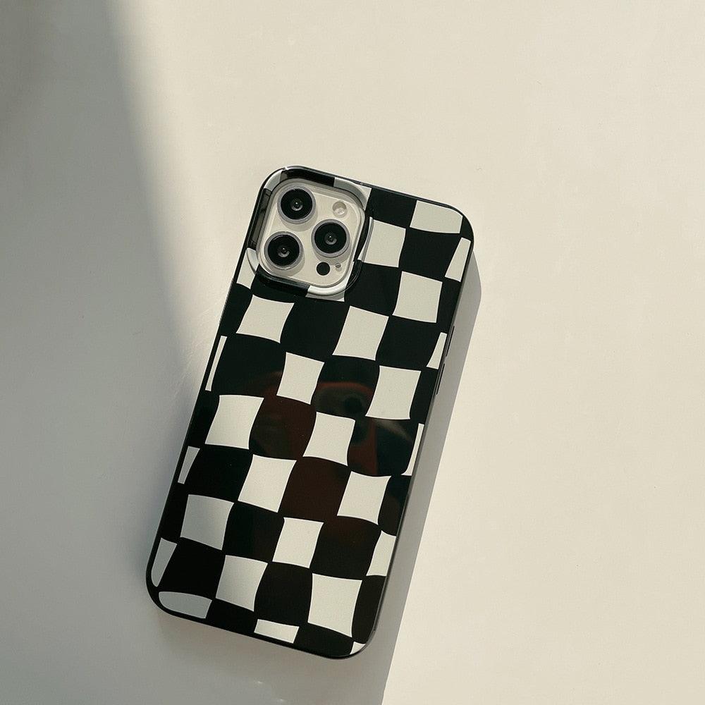 Black White Luxury Checkerboard Soft Phone Case For iPhone 14 13 12 11 Pro Max Mini X XR 7 8 Plus XS Shockproof Protective Cover Unisex Modern Phone Case Elegant Design