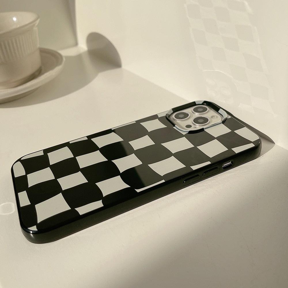 Black White Luxury Checkerboard Soft Phone Case For iPhone 14 13 12 11 Pro Max Mini X XR 7 8 Plus XS Shockproof Protective Cover Unisex Modern Phone Case Elegant Design