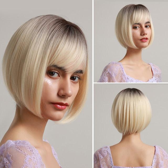 Blonde White Black Ombre Bob Synthetic Wigs for Women Straight Hair Wigs Cosplay Party Wig with bangs Heat Resistant Wigs For Black Women Cosplay Wigs For Women