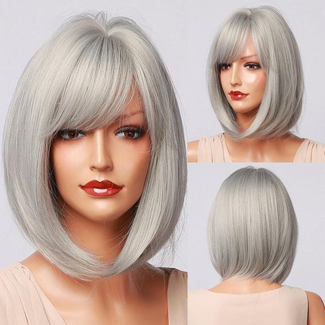 Blonde White Black Ombre Bob Synthetic Wigs for Women Straight Hair Wigs Cosplay Party Wig with bangs Heat Resistant Wigs For Black Women Cosplay Wigs For Women