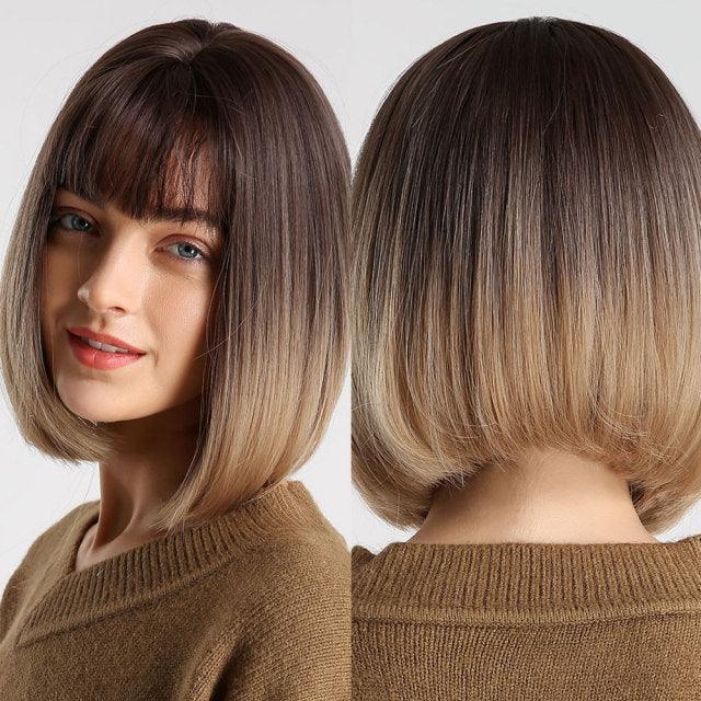 Blonde White Black Ombre Bob Synthetic Wigs for Women Straight Hair Wigs Cosplay Party Wig with bangs Heat Resistant Wigs For Black Women Cosplay Wigs For Women