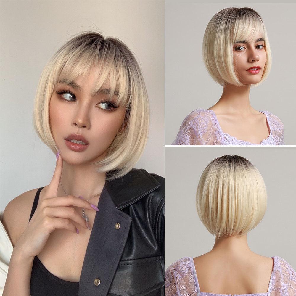 Blonde White Black Ombre Bob Synthetic Wigs for Women Straight Hair Wigs Cosplay Party Wig with bangs Heat Resistant Wigs For Black Women Cosplay Wigs For Women