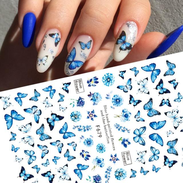 Blue Butterfly 3D Nail Stickers Flowers Leaves Self Adhesive Transfer Sliders Wraps Manicures Foils Decorations Decoration Tattoo Manicure Transfer Nail Decals Flowers Butterfly Designs Nails Supply Manicure Tips Design Nail Decoration