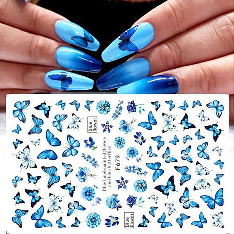 Blue Butterfly 3D Nail Stickers Flowers Leaves Self Adhesive Transfer Sliders Wraps Manicures Foils Decorations Decoration Tattoo Manicure Transfer Nail Decals Flowers Butterfly Designs Nails Supply Manicure Tips Design Nail Decoration