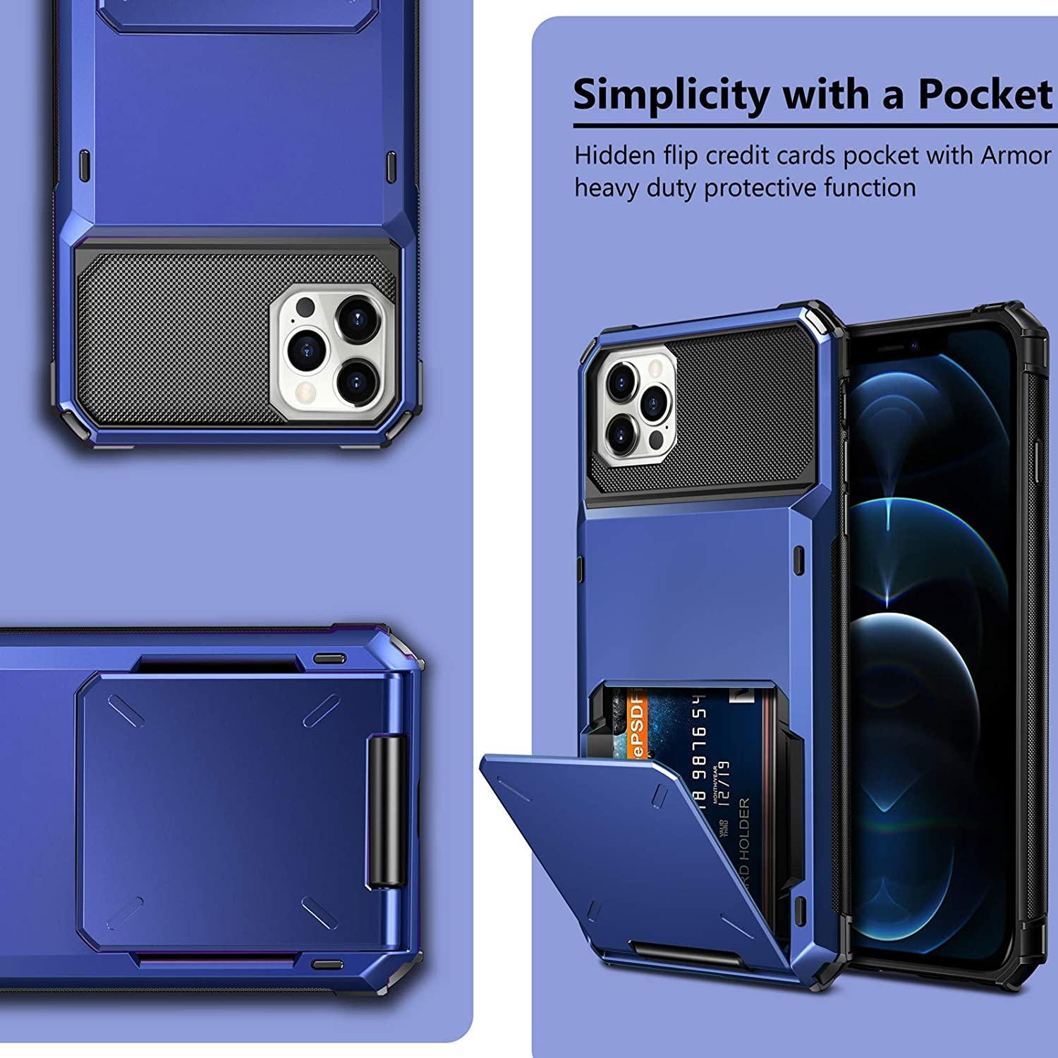 Blue Men Card Holder Hidden Pocket Phone Case Dual Layer Bumper Armor Protective Cover For iPhone 14 13 Pro Max 13 Mini 13 Pro Card Slots Wallet Case Cover Slide Armor Wallet Card Slots Holder for iPhone 13