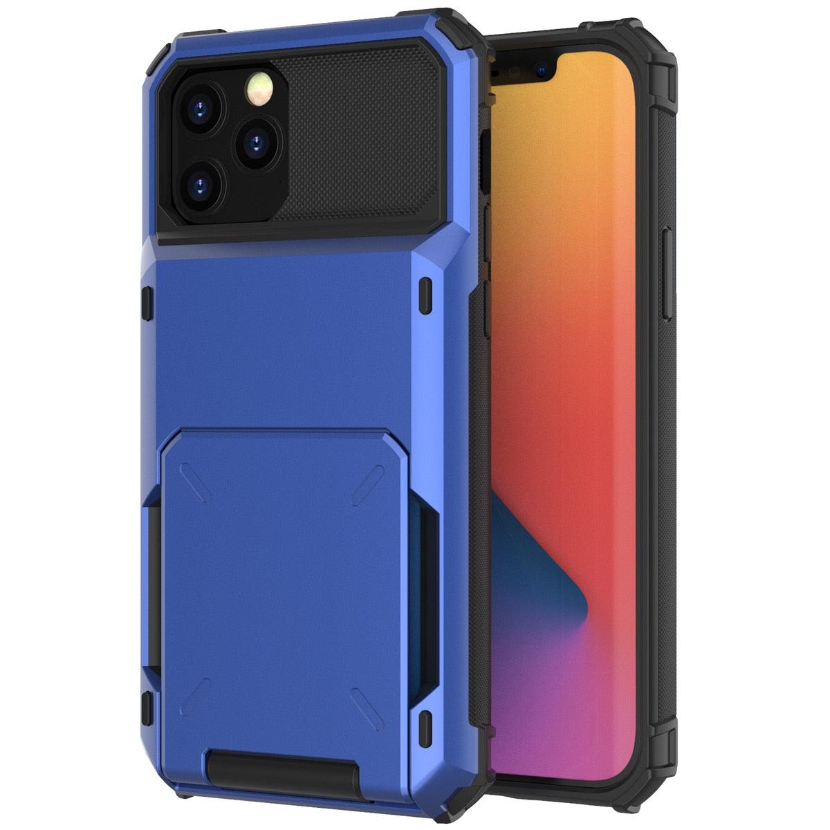 Blue Men Card Holder Hidden Pocket Phone Case Dual Layer Bumper Armor Protective Cover For iPhone 14 13 Pro Max 13 Mini 13 Pro Card Slots Wallet Case Cover Slide Armor Wallet Card Slots Holder for iPhone 13